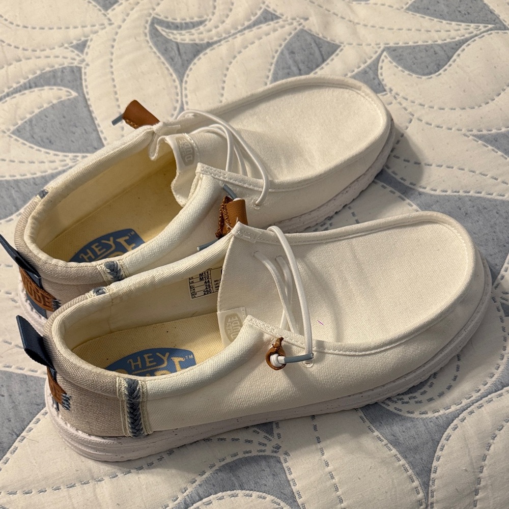 Men’s Hey Dude White/Blue/Tan Slip-On Shoes